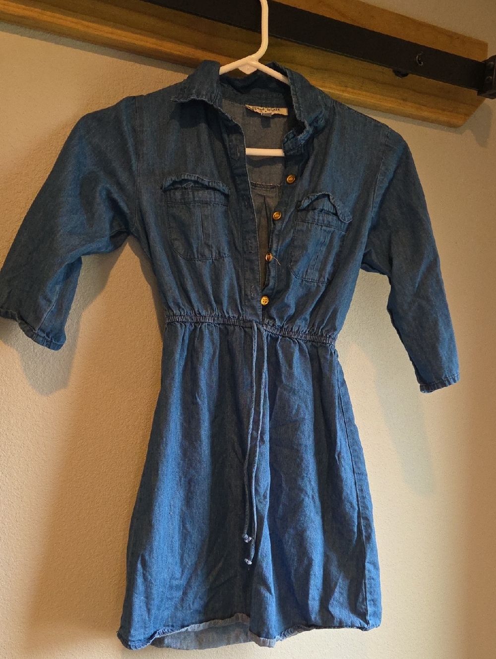Denim Button-Front Drawstring Shirt Dress - Blue